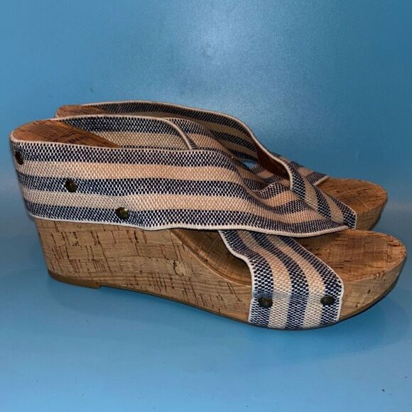 Lucky Brand cork wedge blue/white canvas boho Sz 7.5/8 shoe heel - Picture 1 of 7